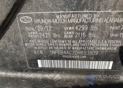 2013 Hyundai Sonata Gls z USA, uszkodzony, nr VIN 5NPEB4AC2DH653809